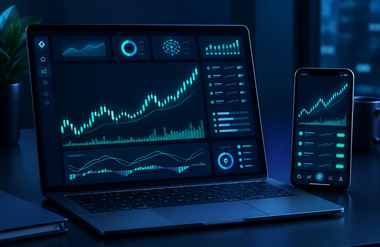 DZplatform AI trading dashboard on laptop and mobile trading app showing live charts